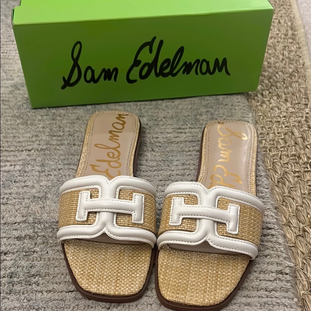Sam Edelman Tan and White Slide Sandals